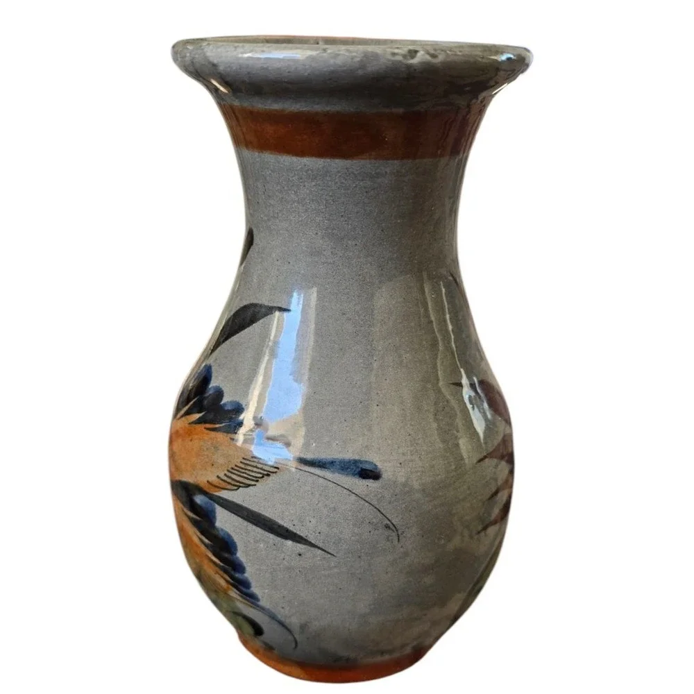 Mexican Pottery Vase Vintage Handpainted Made In Mexico Tonala 7